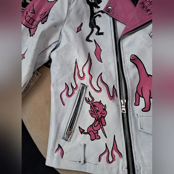 SOLD @MARKET  Fun kawaii goth custom hand painted OOAK faux leather jacket - Picture 6 of 15
